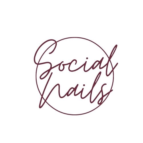 Social Nails Logo in cursive font with burgundy colored text; centered within a circle; the words too big to fit entirely in the circle.